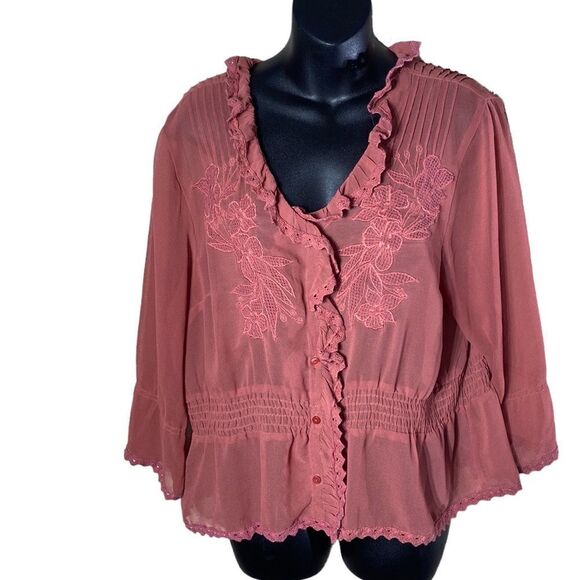 Soft surroundings women’s large Adelaide cardigan sheer floral embroidered pleat - Picture 1 of 7